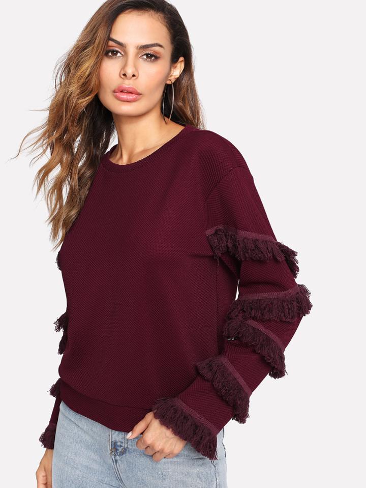 Shein Layered Fringe Trim Textured Pullover