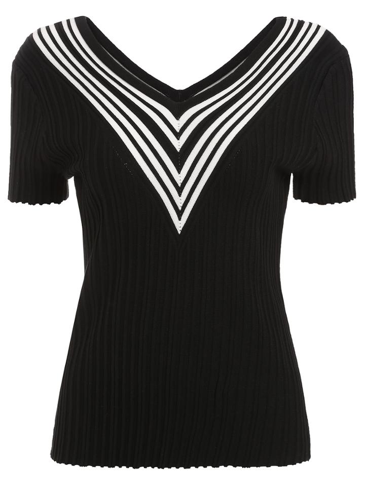 Shein Striped V-neck Knitted Short Sleeve Rib Top
