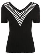 Shein Striped V-neck Knitted Short Sleeve Rib Top