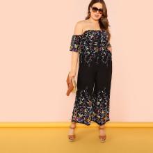 Shein Plus Off Shoulder Botanical Culotte Jumpsuit