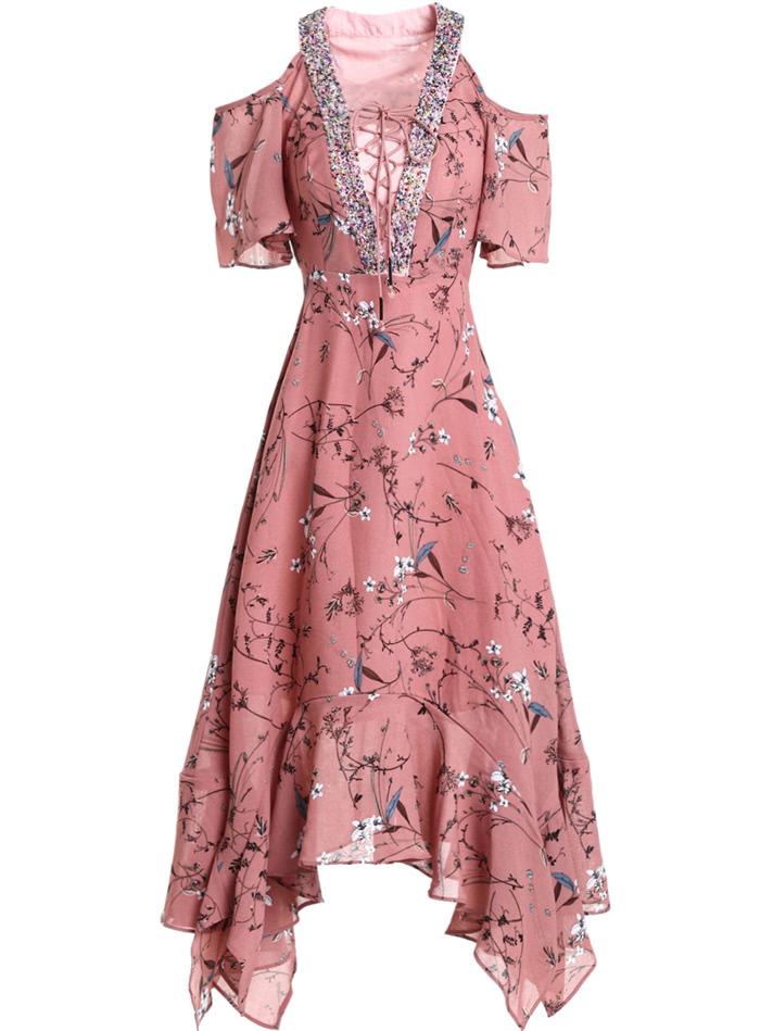 Shein Lace Up Open Shoulder Floral Dress