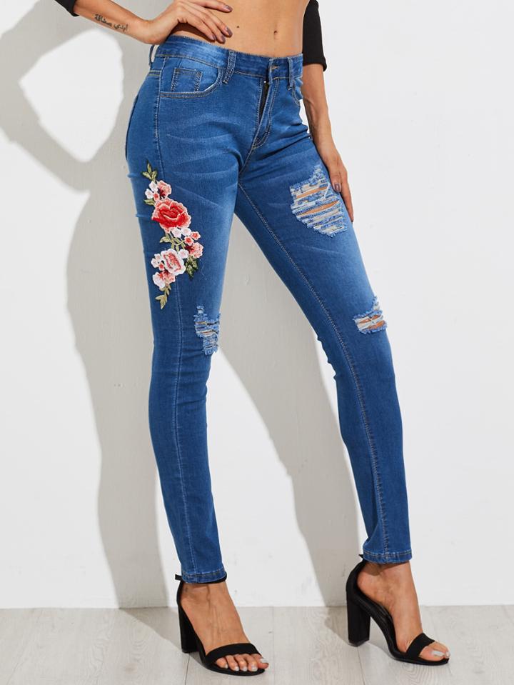 Shein Embroidered Applique Ripped Ankle Jeans