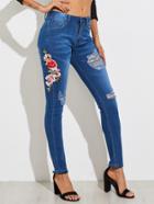 Shein Embroidered Applique Ripped Ankle Jeans