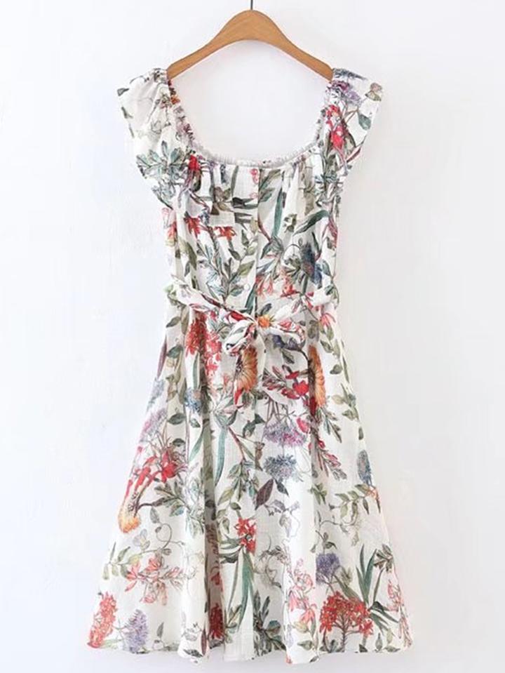 Shein Boat Neckline Floral A Line Dress With Self Tie