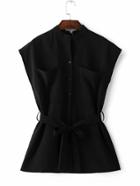 Shein Black Cap Sleeve Band Collar Pocket Blouse With Belt