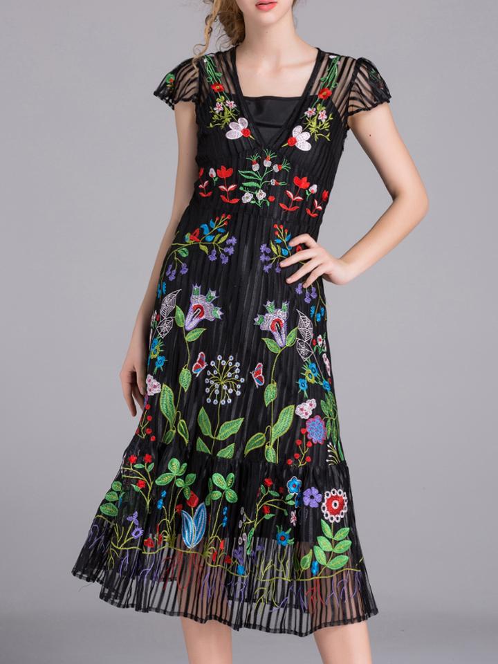Shein Black Embroidered Pleated Two-piece Dress