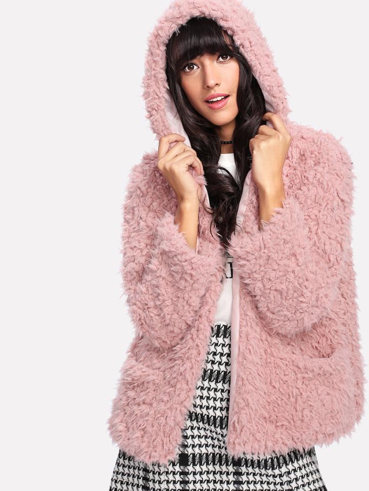 Shein Faux Fur Open Front Hooded Coat