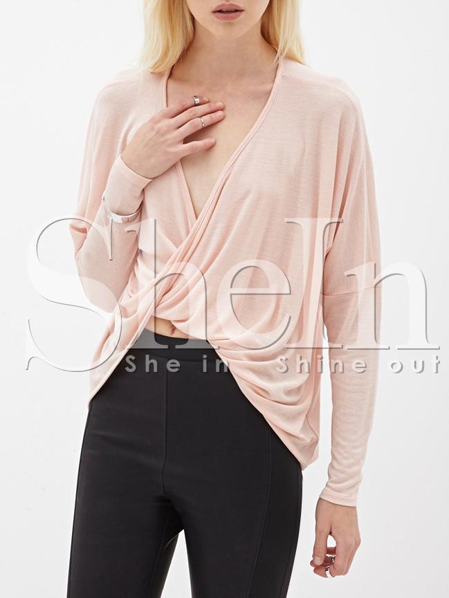 Shein Pink Deep V Neck Wrap Front T-shirt