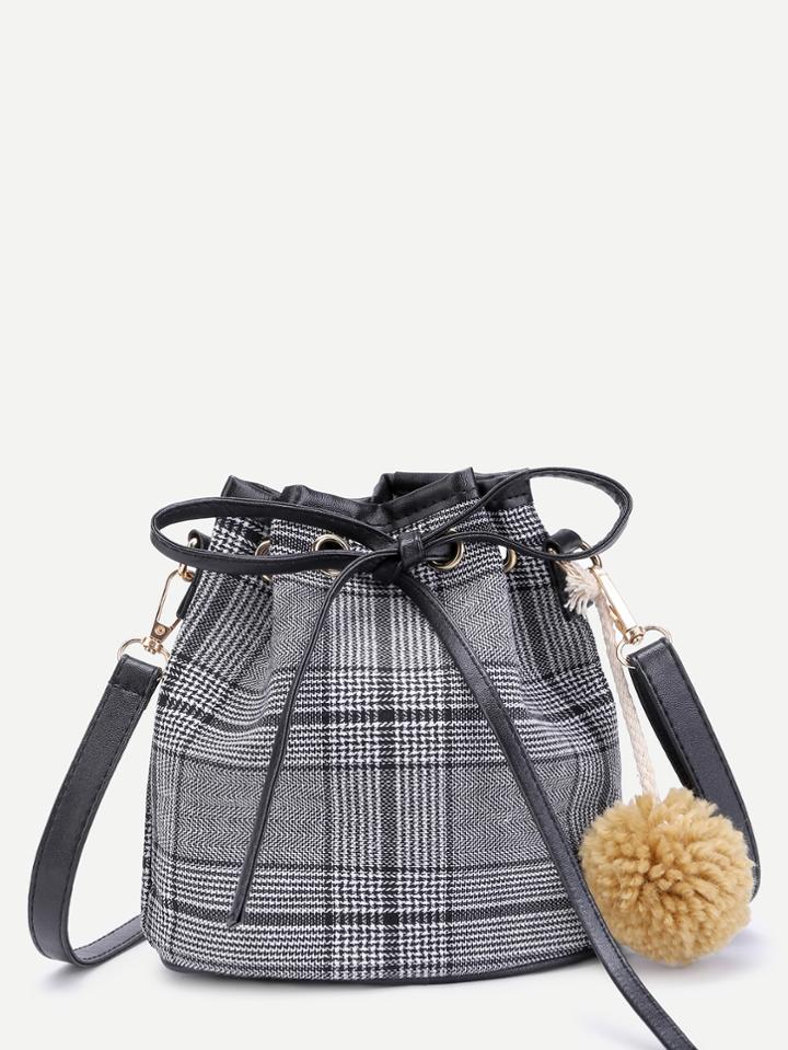 Shein Gingham Print Bucket Bag With Pom Pom