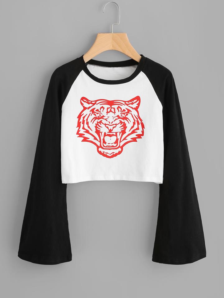 Shein Contrast Raglan Sleeve Crop Tiger Tee
