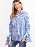 Shein Blue And White Vertical Striped Tie Sleeve Blouse
