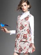 Shein White Stand Collar Long Sleeve Print Two Pieces Pockets Dress