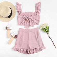 Shein Ruffle Trim Knot Front Top With Shorts
