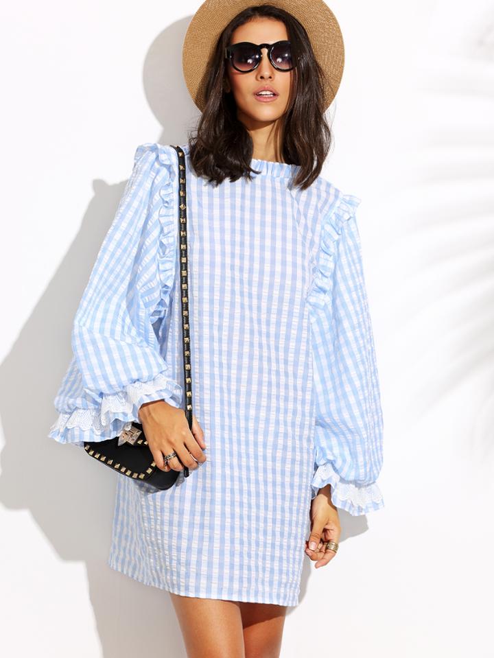 Shein Blue Plaid Bell Sleeve Shift Dress