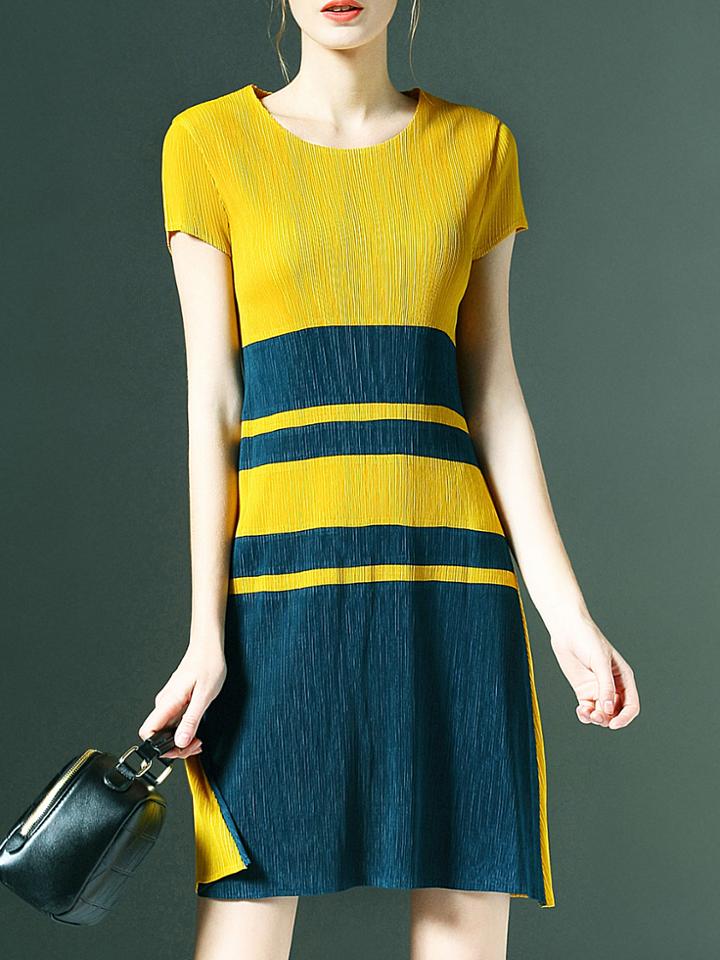 Shein Yellow Dark Green Pleated Elastic Shift Dress