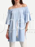 Shein Light Blue Off The Shoulder Split Blouse