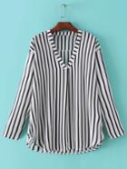 Shein Black White V Neck Long Sleeve Stripe Blouse