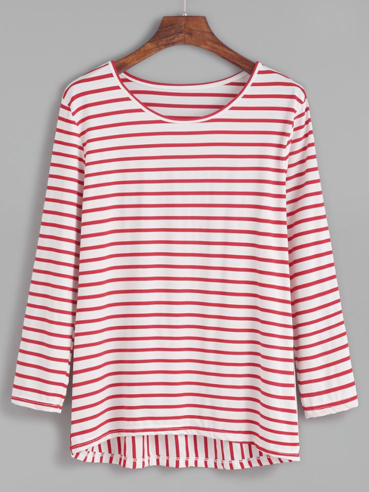 Shein Red Striped High Low T-shirt