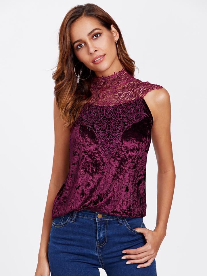 Shein Lace Yoke Cutout Tie Back Crushed Velvet Top