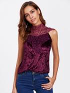 Shein Lace Yoke Cutout Tie Back Crushed Velvet Top