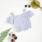 Shein Girls Knot Front Button Up With Cold Shoulder Striped Top