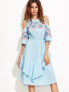 Shein Blue Crochet Applique Open Shoulder Ruffle Dress
