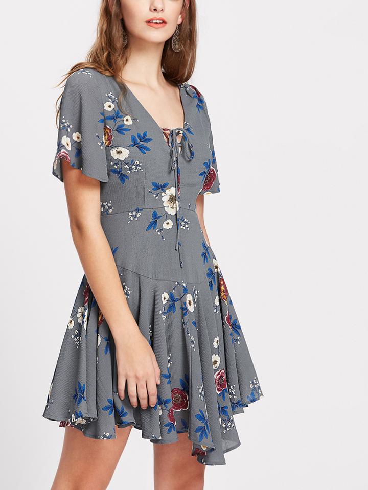 Shein Flower Print Lace Up Plunge Neck Paneled Flowy Dress