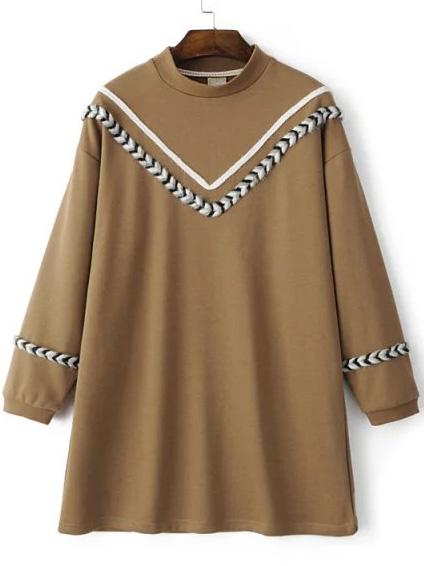 Shein Khaki Chevron Pattern Crew Neck Sweatshirt Dress