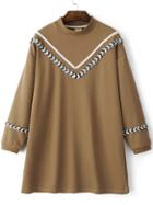 Shein Khaki Chevron Pattern Crew Neck Sweatshirt Dress