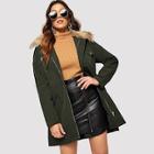 Shein Contrast Faux Fur Collar Belted Coat