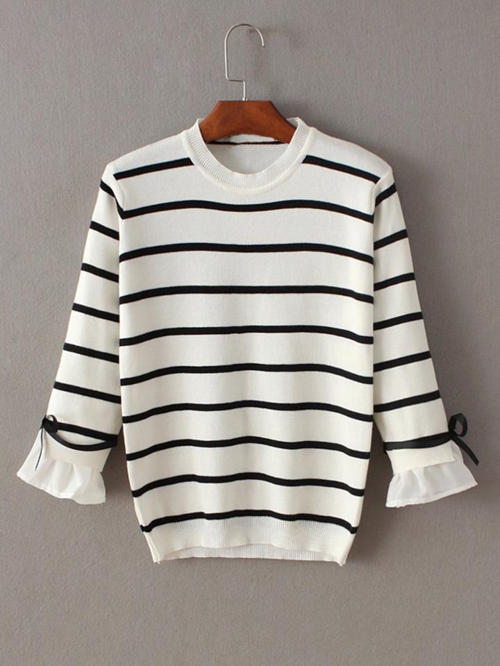 Shein Fluted Sleeve Tie Cuff Striped Knitwear