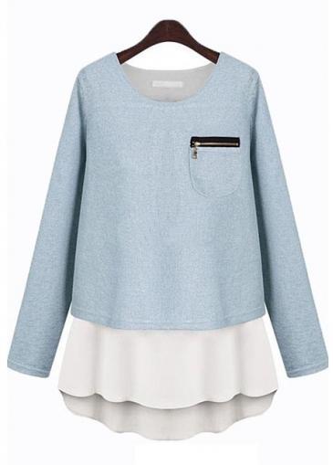 Rosewe White And Blue Color Blocking Long Sleeve Tees For Women