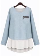 Rosewe White And Blue Color Blocking Long Sleeve Tees For Women