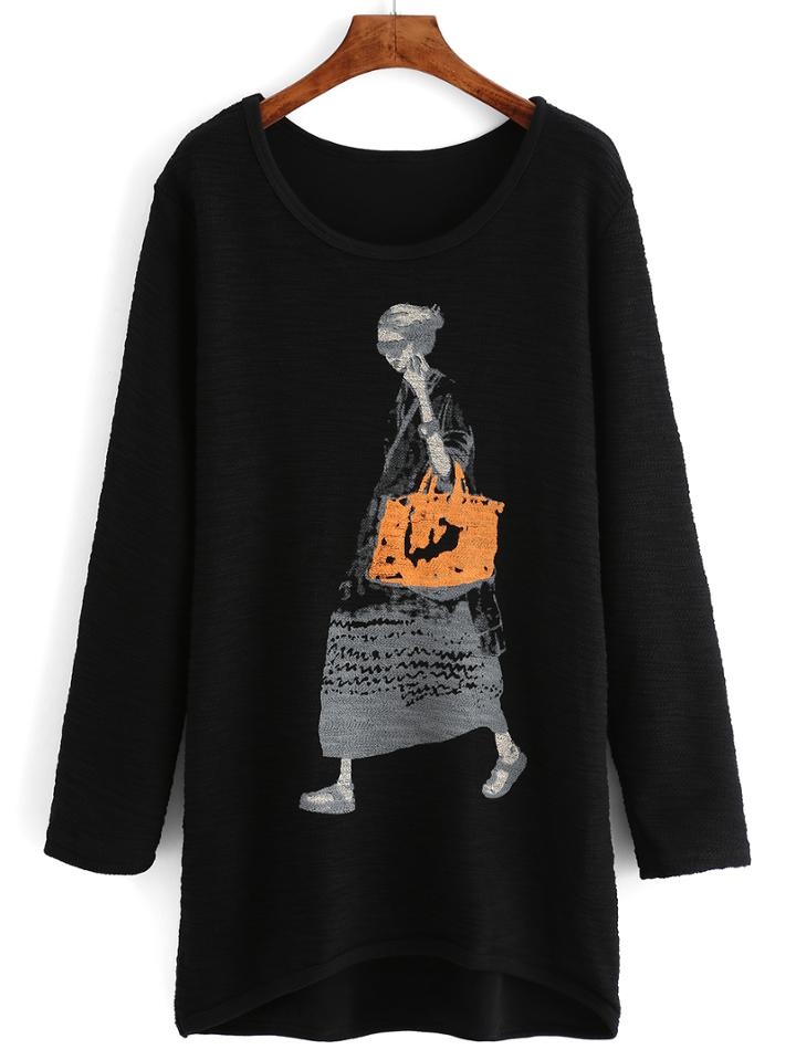 Shein Black Round Neck Cartoon Print Loose T-shirt