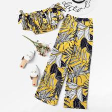 Shein Jungle Leaf Print Bardot Top & Wide Leg Pants