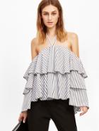 Shein Black And White Striped Halter Off The Shoulder Ruffle Top