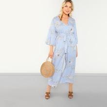 Shein Plus Floral And Striped Wide Leg Jumpsuit