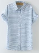 Shein Blue Buttons Front Bell Sleeve Stripe Blouse