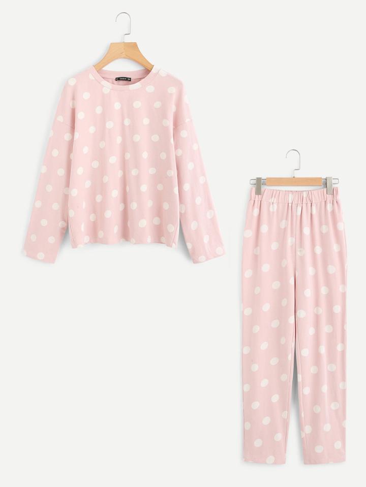 Shein Polka Dot Top And Pants Pj Set