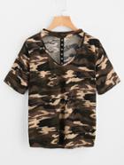 Shein Camo Print Eyelet Tape Detail Choker Tee