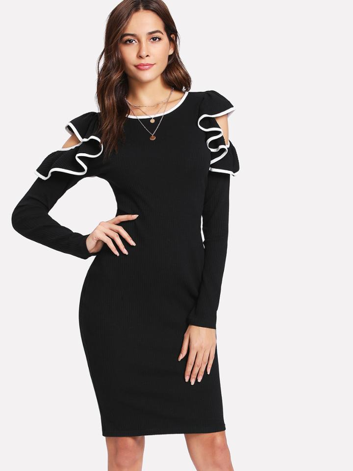 Shein Contrast Binding Ruffle Open Shoulder Dress