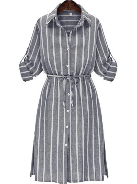 Shein Grey Chemise Banded Lapel Vertical Stripe Split Shirt Dress