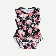 Shein Toddler Girls Pom Pom Trim Floral Print Jumpsuit
