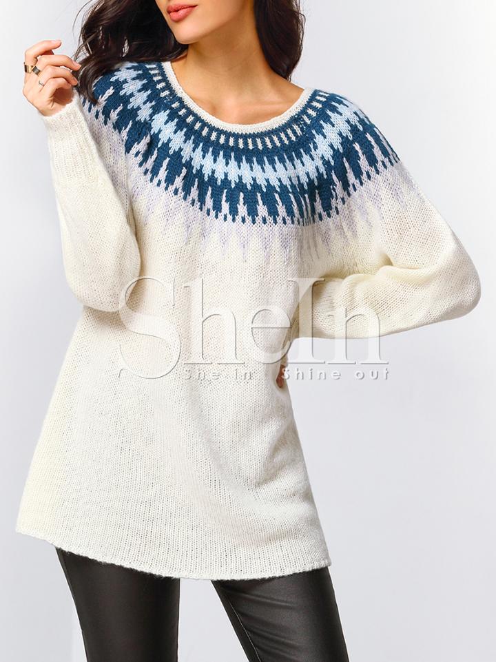 Shein White Crew Neck Print Sweater