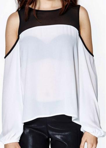 Rosewe Cold Shoulder Black And White Mesh Design Shirt