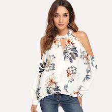 Shein Cut Out Neck Floral Print Cold Shoulder Blouse