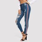 Shein Stripe Contrast Side Distressed Skinny Jeans