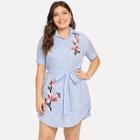 Shein Plus Embroidered Floral Applique Striped Shirt Dress