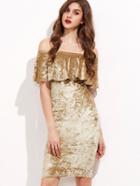 Shein Gold Off The Shoulder Crushed Velvet Ruffle Dress