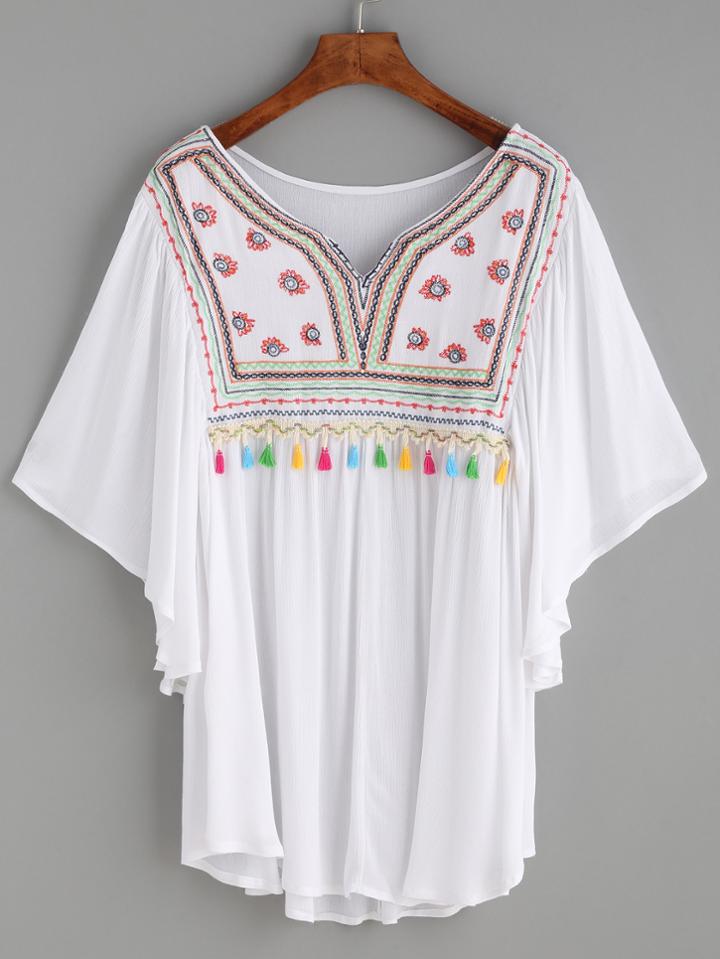 Shein White Notch Neck Ruffle Sleeve Embroidered Fringe Blouse